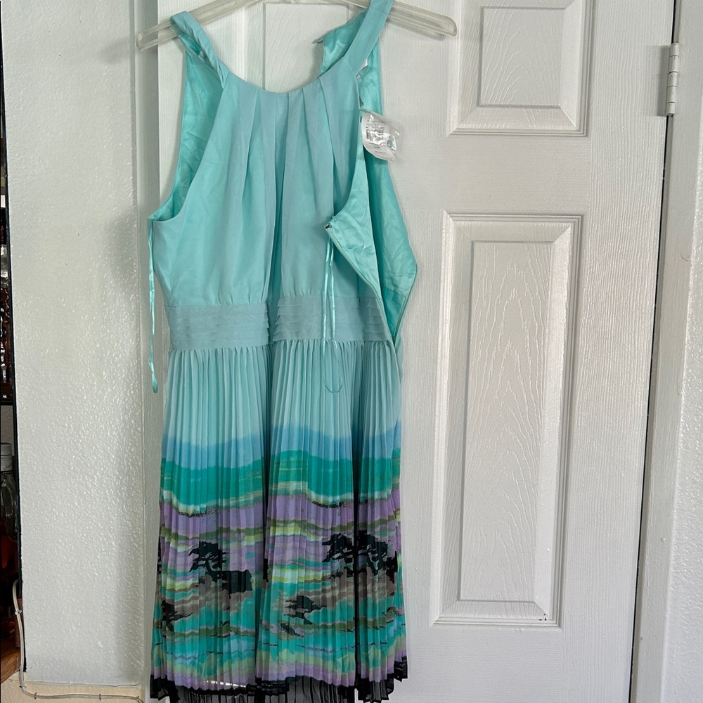 Max & Cleo Aqua and Multicolor Pleated Dress